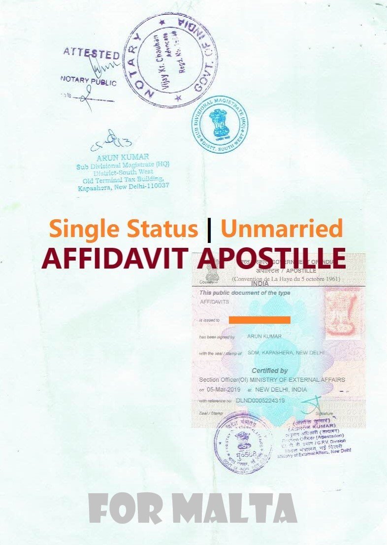 Unmarried Affidavit Certificate Apostille for Malta in India